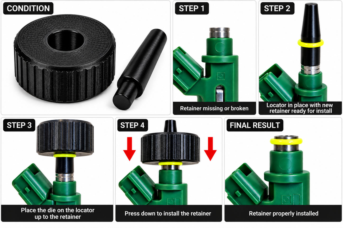 Bosch Denso fuel injector upper O-ring retainer installation tool step-by-step instructions