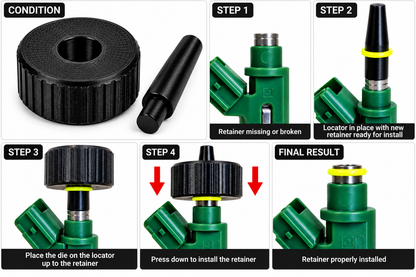 Bosch Denso fuel injector upper O-ring retainer installation tool step-by-step instructions